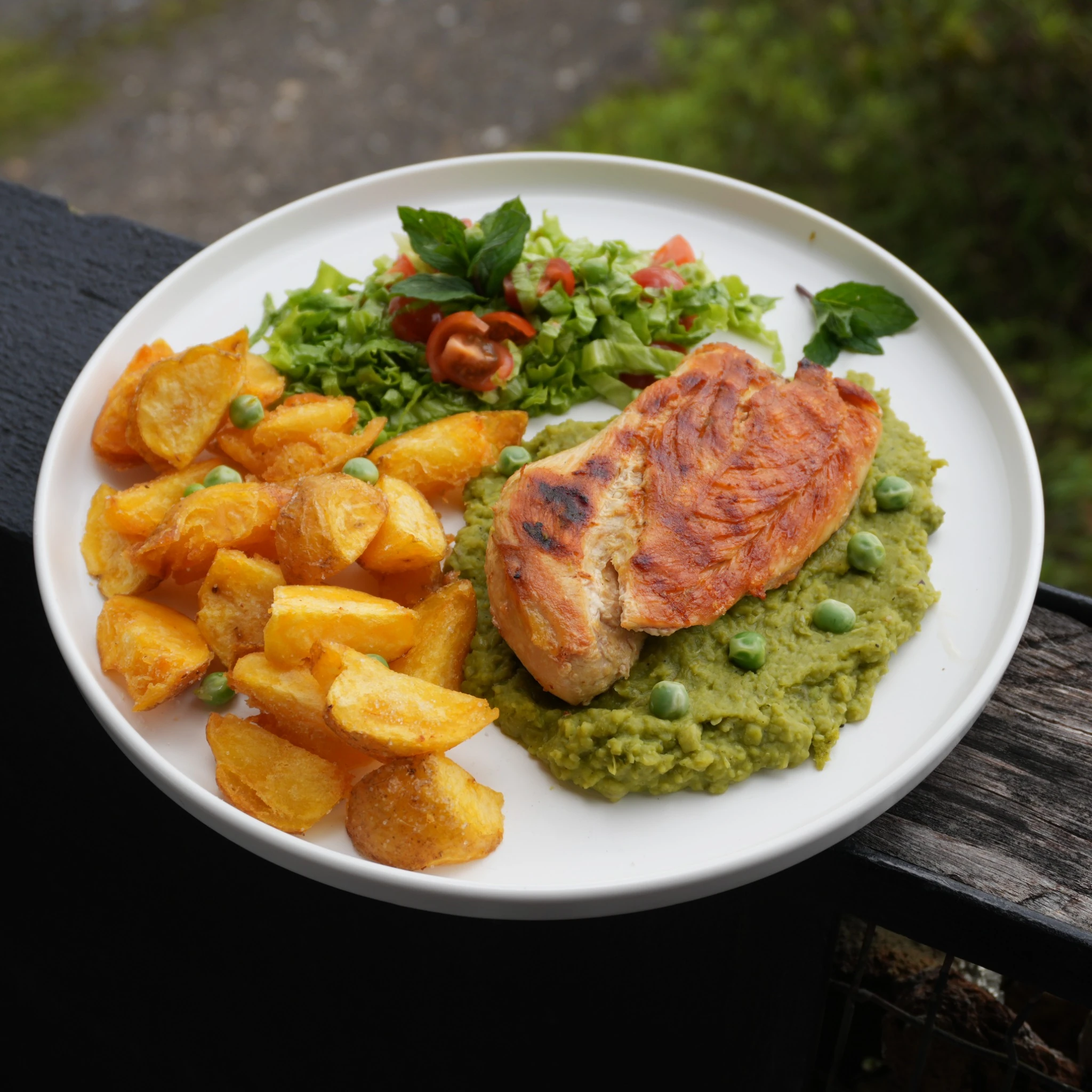 Pechuga de pollo con puré de arveja, papas y ensalada, Emerald Hotel Boutique